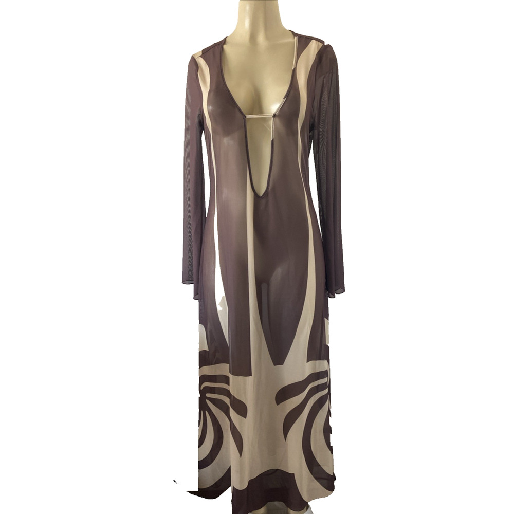 NWT Caroline Constas Brown Cover Up Maxi Dress Mesh Long Sleeve Sheer Beige M - Picture 4 of 9